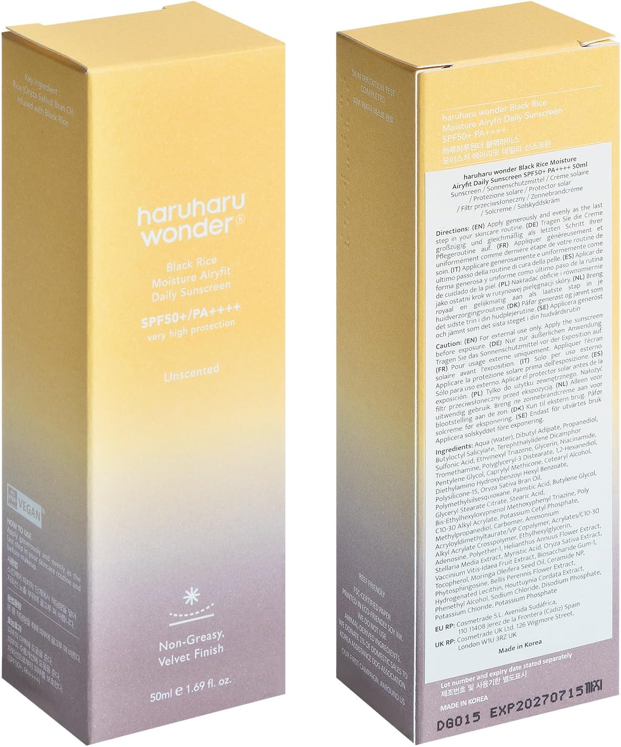 Haruharu Wonder Black Rice Moisture Airyfit Daily Sunscreen SPF50+/PA++++