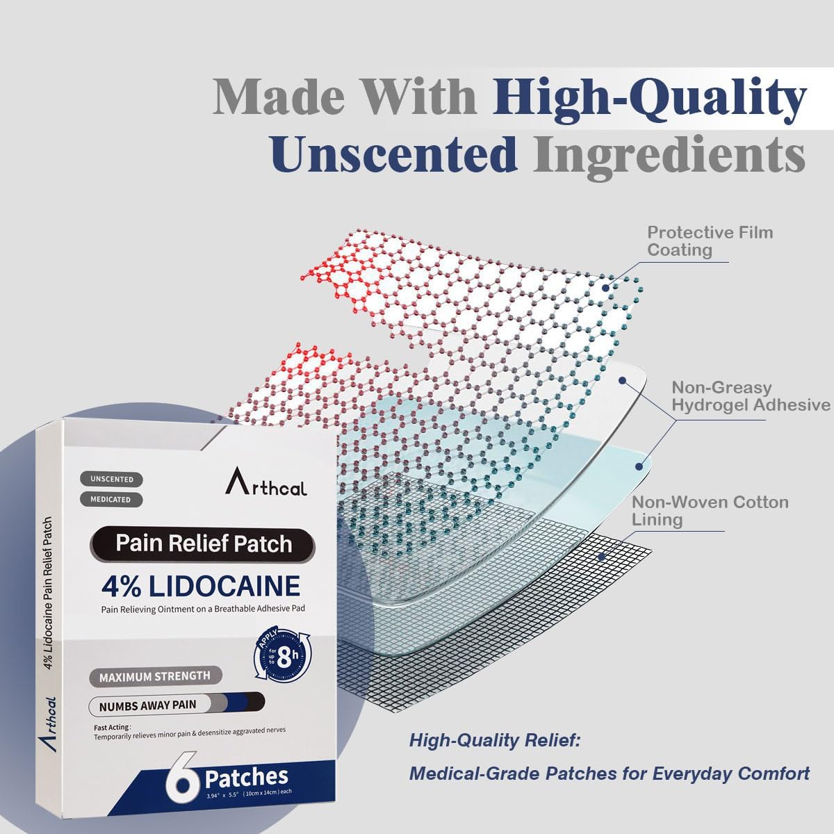 Arthcal 4% Lidocaine Patches(6 Pcs), Maximum Strength Pain Patches